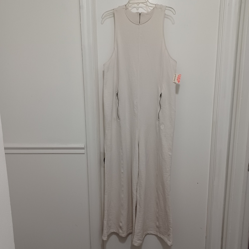 Free People Movement Feel Free Womens One Piece Jumpsuit Wide Leg Ivory LG NWT